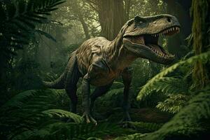 ai generato tirannosauro rex in piedi nel un' lussureggiante giungla con alto alberi e felci. foto