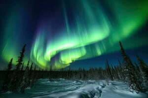 ai generato aurora Borealis balli attraverso il cielo nel un' mozzafiato Schermo di colore. foto