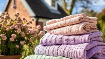 lavanderia, faccende domestiche e casalinga, pila di pulito e piegato a maglia Abiti nel il nazione Casa giardino, generativo ai foto