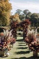 nozze decorazione, floreale arredamento e evento celebrazione, autunnale fiori e nozze corridoio nel il autunno giardino, nazione stile, generativo ai foto