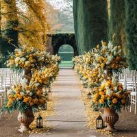 nozze decorazione, floreale arredamento e evento celebrazione, autunnale fiori e nozze corridoio nel il autunno giardino, nazione stile, generativo ai foto