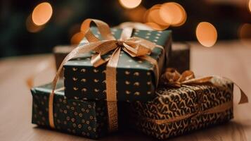 vacanza i regali e regali, nazione Villetta stile regalo scatole per compleanno, Natale, boxe giorno, nozze e vacanze acquisti, generativo ai foto