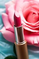 rosa rossetto nel un' d'oro tubo e fioritura rosa fiore, bellezza cosmetico e trucco Prodotto, generativo ai foto
