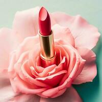 rosa rossetto nel un' d'oro tubo e fioritura rosa fiore, bellezza cosmetico e trucco Prodotto, generativo ai foto