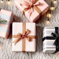 vacanza i regali e regali, nazione Villetta rustico stile regalo scatole per Natale, boxe giorno e vacanze shopping piatto, generativo ai foto