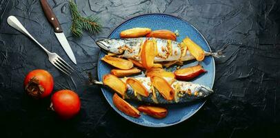 sgombro pesce arrostito con frutta. foto