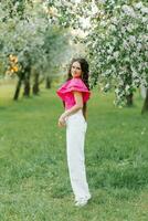 un' carino giovane donna nel bianca i pantaloni e un' luminosa rosa camicetta passeggiate attraverso un' primavera parco o giardino tra il fioritura alberi di un Mela albero foto