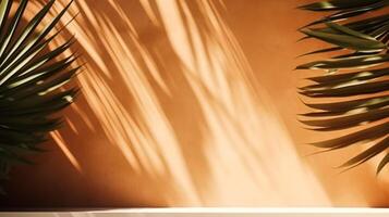 tropicale sfondo per un' Prodotto posizionamento, palma albero le foglie e luce del sole ombre su il parete, minimalista botanico sfondo, palme su un' caldo soleggiato giorno, generativo ai foto
