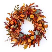 autunno ghirlanda come decorazione su bianca porta, accogliente autunno vacanza stagione con autunnale decorazioni, generativo ai foto