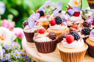 cupcakes, torte, panetti e muffin e vacanza decorazione all'aperto a il inglese nazione stile giardino, dolce dolci per nozze, compleanno o festa celebrazione, generativo ai foto