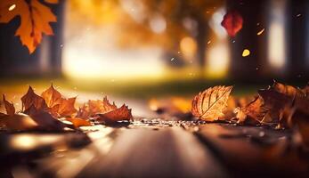 astratto autunno sfondo, bellissimo campagna natura con autunnale le foglie e bokeh, generativo ai foto