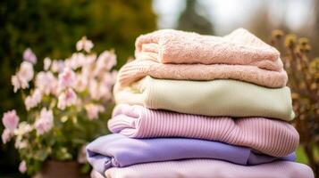 lavanderia, faccende domestiche e casalinga, pila di pulito e piegato a maglia Abiti nel il campagna, generativo ai foto
