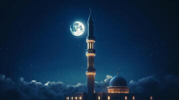 avvicinamento moschea minareto a il notte con paesaggio, pieno Luna nel il sfondo, avvicinamento con copia spazio. generativo ai foto