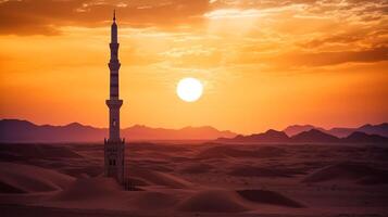 foto tramonto al di sopra di deserto con musulmano moschea nel il primo piano, musulmano, Arabo, Islam, Ramadan, eid celebrare, musulmano vacanza. generativo ai