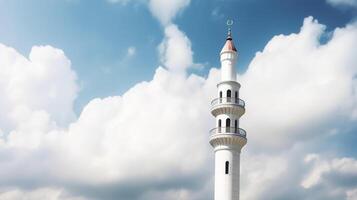 bianca moschea minareto. moschea minareto con nuvoloso cielo nel sfondo. generativo ai foto