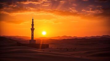 foto tramonto al di sopra di deserto con musulmano moschea nel il primo piano, musulmano, Arabo, Islam, Ramadan, eid celebrare, musulmano vacanza. generativo ai