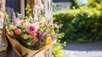 fiore negozio consegna e vacanza regalo postale servizio, bellissimo mazzo di fiori su un' Casa gradino della porta nel il campagna, generativo ai foto