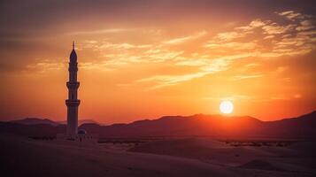 foto tramonto al di sopra di deserto con musulmano moschea nel il primo piano, musulmano, Arabo, Islam, Ramadan, eid celebrare, musulmano vacanza. generativo ai