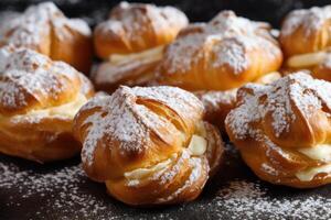 azione foto di choux Pasticcino con guarnizione glassatura zucchero cibo fotografia generativo ai