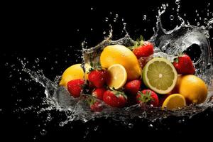 azione foto di acqua spruzzo con vario frutta autunno isolato cibo fotografia generativo ai