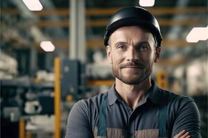 ritratto di personale lavoratore uomo industria nel grande fabbrica magazzino , maschio industriale ingegnere processi ordini e prodotti , guardare a telecamera con Sorridi , generativo ai foto