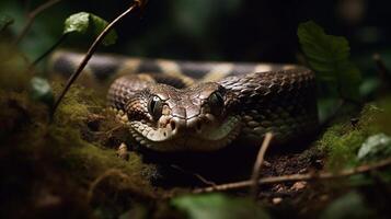 selvaggio natura velenoso vipera lingua spirale serpenti nel vicino su ritratto generato di ai foto