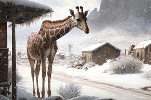 clima modificare, tempo metereologico anomalia concetto. africano giraffa in piedi nel nevoso città nel inverno nel nevicata. illustrazione creato di generativo ai foto