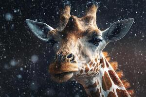 africano giraffa viso ritratto durante nevicata. clima modificare, tempo metereologico anomalia concetto. illustrazione creato di generativo ai foto