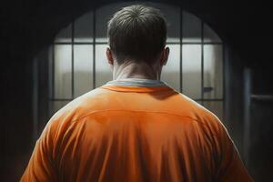 posteriore Visualizza di un irriconoscibile prigioniero nel arancia uniforme in piedi nel prigione, condannato di crimine. generativo ai illustrazione foto