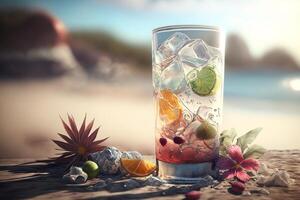 rinfrescante cocktail con frutta e ghiaccio nel bicchiere su sabbia su spiaggia vicino acqua, copia spazio. vacanza, rilassamento concetto. generativo ai foto