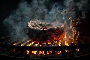 bistecca è cucinando su un' griglia con fiamme nel il sfondi di il griglia, generativo ai foto