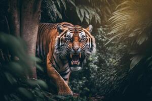 arrabbiato tigre ritratto su giungla sfondo, generativo ai foto