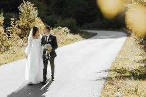 un insolito, pittoresco camminare di un' coppia di Novelli sposi su loro nozze giorno. un' giovane marito nel un' completo da uomo e un' Bellissima, snello sposa nel un' nozze vestito su il strada nel il steppa la zona a tramonto. foto