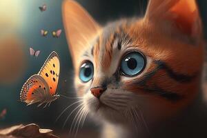 ritratto di divertente animale domestico, gattino giocando nel natura. rosso gatto guardare a farfalle con grande occhi. generativo ai foto