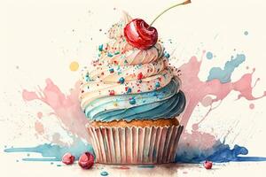 torta con ciliegia, decorato dolce dolce Cupcake colorato acquerello illustrazione. generativo ai foto