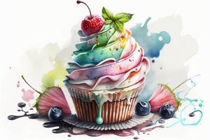 frutta torta, dolce dolce Cupcake con frutti di bosco colorato acquerello illustrazione. generativo ai foto