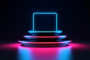 neon luci su un' podio nel un' buio camera, ai generato Immagine foto