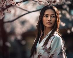 bellissimo asiatico donna con lungo e dritto capelli indossare un' colorato kimono, guardare serio, in piedi nel un' sfondo di ciliegia fiorire alberi. ai generato foto