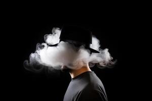 Fumo avvolto un' uomo indossare un' cappello. ritratto di elegante uomo con Fumo su buio sfondo. ai generato foto