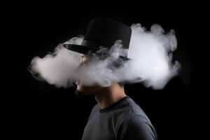 Fumo avvolto un' uomo indossare un' cappello. ritratto di elegante uomo con Fumo su buio sfondo. ai generato foto