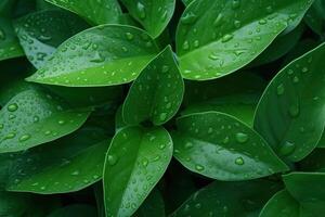 superiore Visualizza fresco verde le foglie con gocce di pioggia struttura. ai generato foto