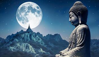 Budda statua mediazione su il superiore di il montagna nel il notte cielo con pieno Luna e stella. generativo ai. foto