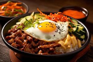 azione foto di bibimbap A volte romanizzato come bi bim bap cibo fotografia generativo ai