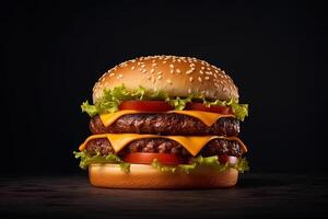 fresco hamburger al formaggio isolato su buio sfondo. ai generato foto