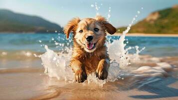 cani giocando nel il acqua su il spiaggia godere estate foto