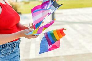 femmina mani Tenere lgbtq, bisessuale, asessuale, transgender, lesbica e padella sessuale bandiera. selettivo messa a fuoco. foto