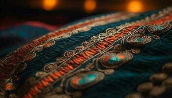intrecciata lana tappeto, ornato ricamo, vivace colori generato di ai foto