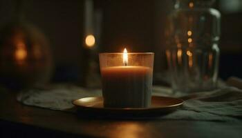 raggiante candela si illumina buio tavolo per celebrazione generato di ai foto