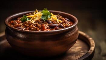 appena cucinato vegetariano stufato su rustico ceramica piatto generato di ai foto