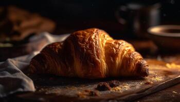 appena al forno Cornetti e brioche su tavolo generato di ai foto